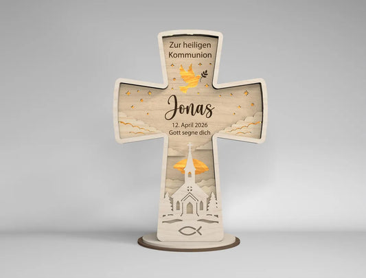 Croce LED personalizzata comunione cresima battesimo in legno