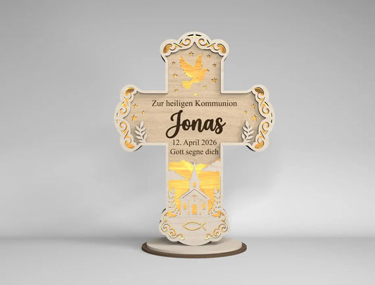 Croce LED personalizzata comunione cresima battesimo in legno